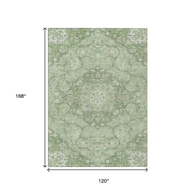 10' X 14' Artichoke Green And Ivory Medallion Washable Indoor Outdoor Area Rug