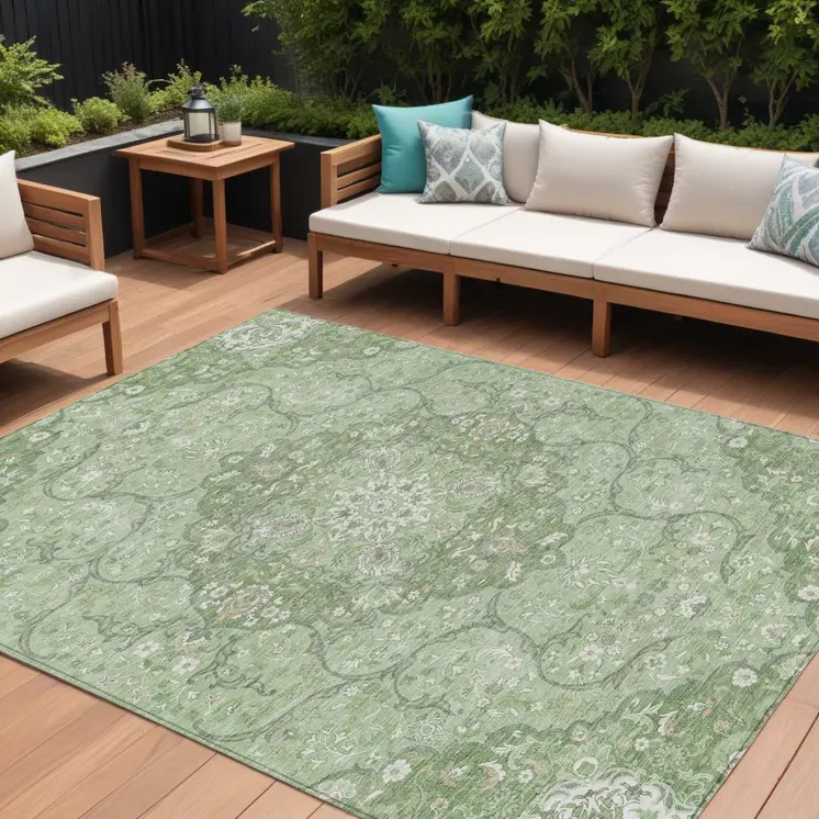 10' X 14' Artichoke Green And Ivory Medallion Washable Indoor Outdoor Area Rug