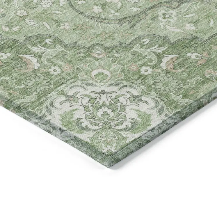 10' X 14' Artichoke Green And Ivory Medallion Washable Indoor Outdoor Area Rug