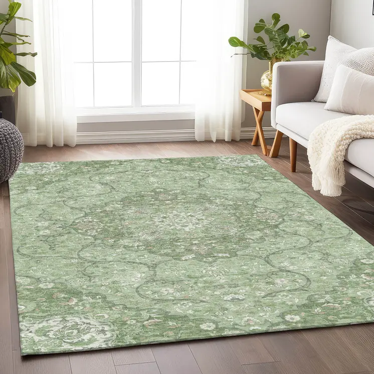 10' X 14' Artichoke Green And Ivory Medallion Washable Indoor Outdoor Area Rug