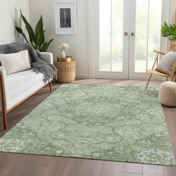 10' X 14' Artichoke Green And Ivory Medallion Washable Indoor Outdoor Area Rug
