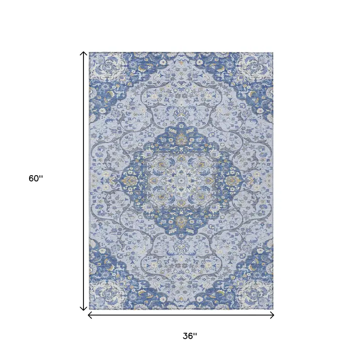 3' X 5' Blue And Ivory Medallion Washable Indoor Outdoor Area Rug