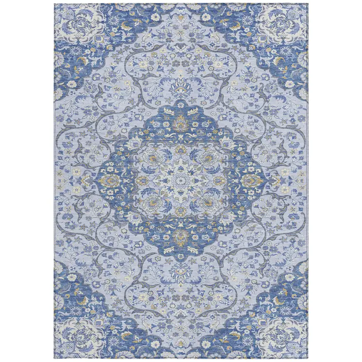 5' X 8' Blue And Ivory Medallion Washable Indoor Outdoor Area Rug