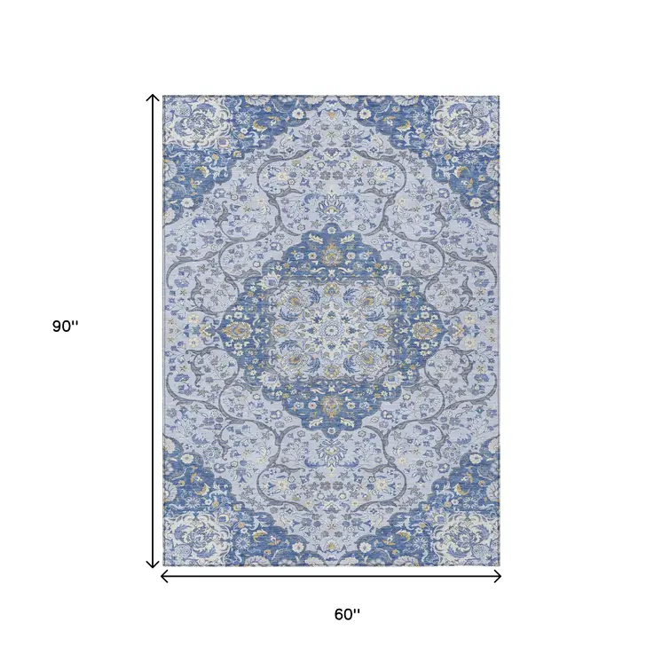 5' X 8' Blue And Ivory Medallion Washable Indoor Outdoor Area Rug