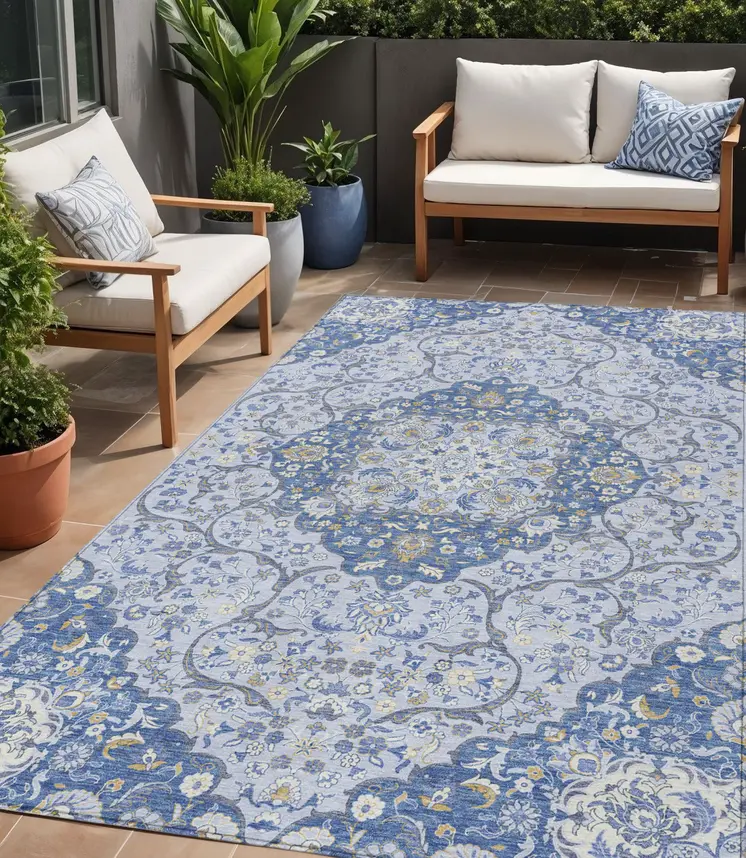5' X 8' Blue And Ivory Medallion Washable Indoor Outdoor Area Rug