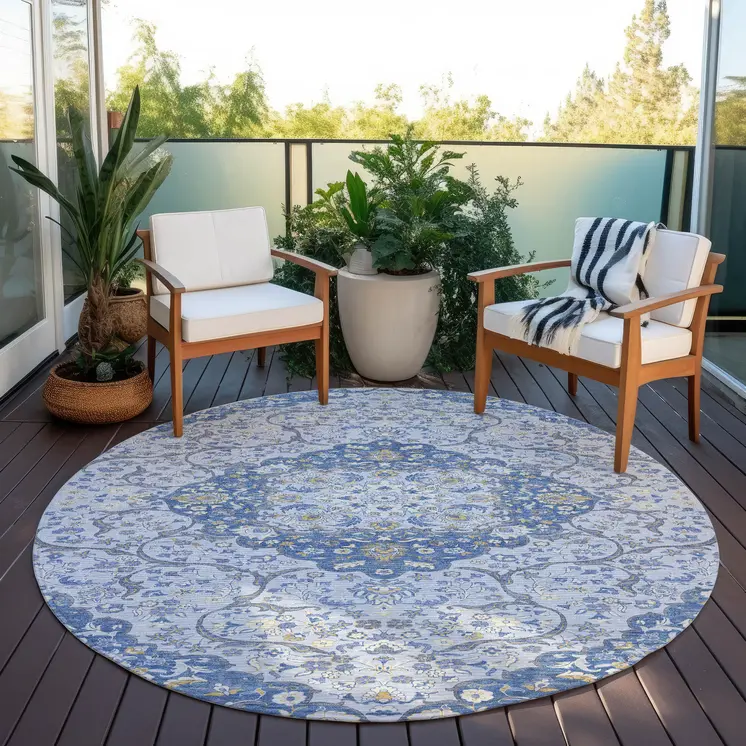 8' Blue And Ivory Round Medallion Washable Indoor Outdoor Area Rug