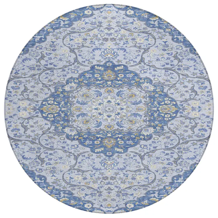 8' Blue And Ivory Round Medallion Washable Indoor Outdoor Area Rug