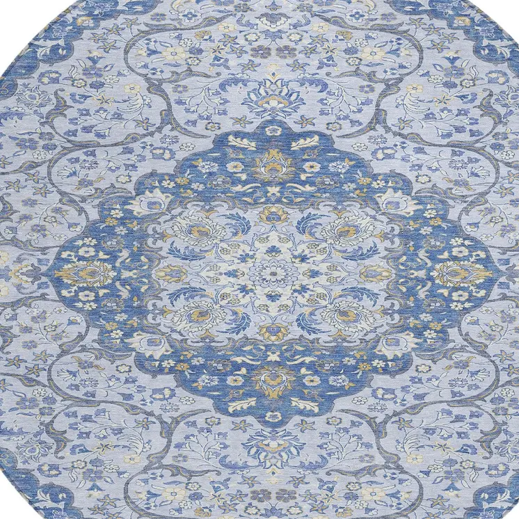 8' Blue And Ivory Round Medallion Washable Indoor Outdoor Area Rug