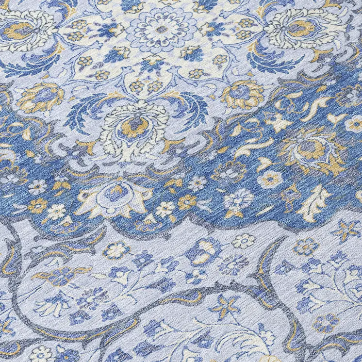 8' Blue And Ivory Round Medallion Washable Indoor Outdoor Area Rug