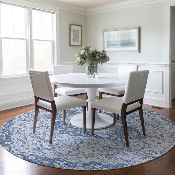 8' Blue And Ivory Round Medallion Washable Indoor Outdoor Area Rug