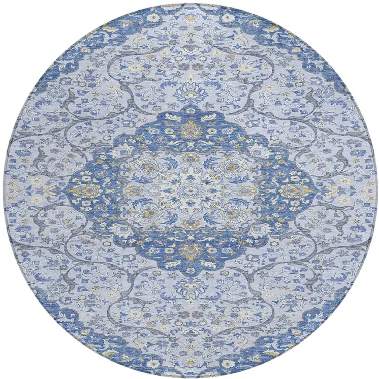 8' Blue And Ivory Round Medallion Washable Indoor Outdoor Area Rug