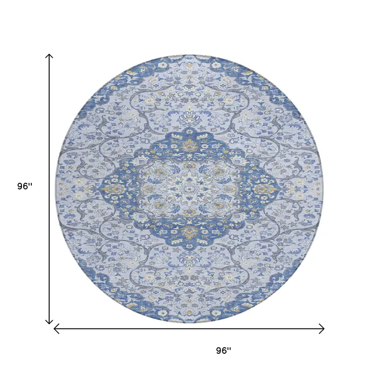 8' Blue And Ivory Round Medallion Washable Indoor Outdoor Area Rug