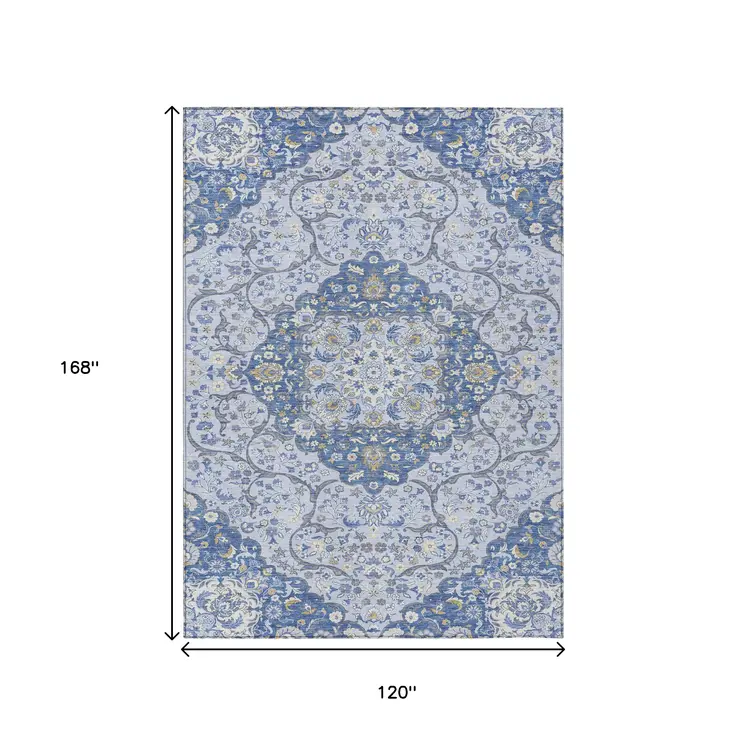 10' X 14' Blue And Ivory Medallion Washable Indoor Outdoor Area Rug