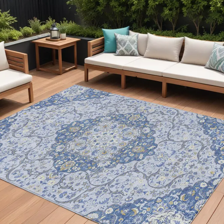 10' X 14' Blue And Ivory Medallion Washable Indoor Outdoor Area Rug