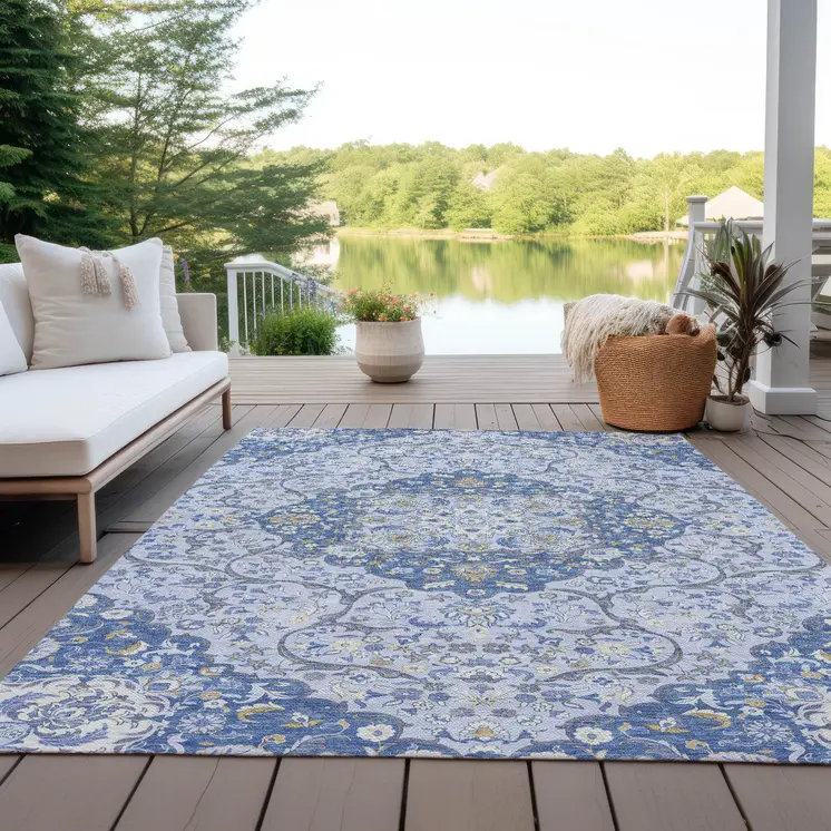 10' X 14' Blue And Ivory Medallion Washable Indoor Outdoor Area Rug