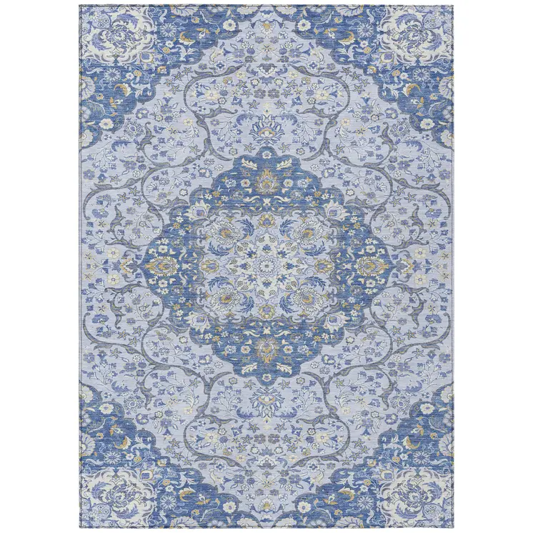 10' X 14' Blue And Ivory Medallion Washable Indoor Outdoor Area Rug