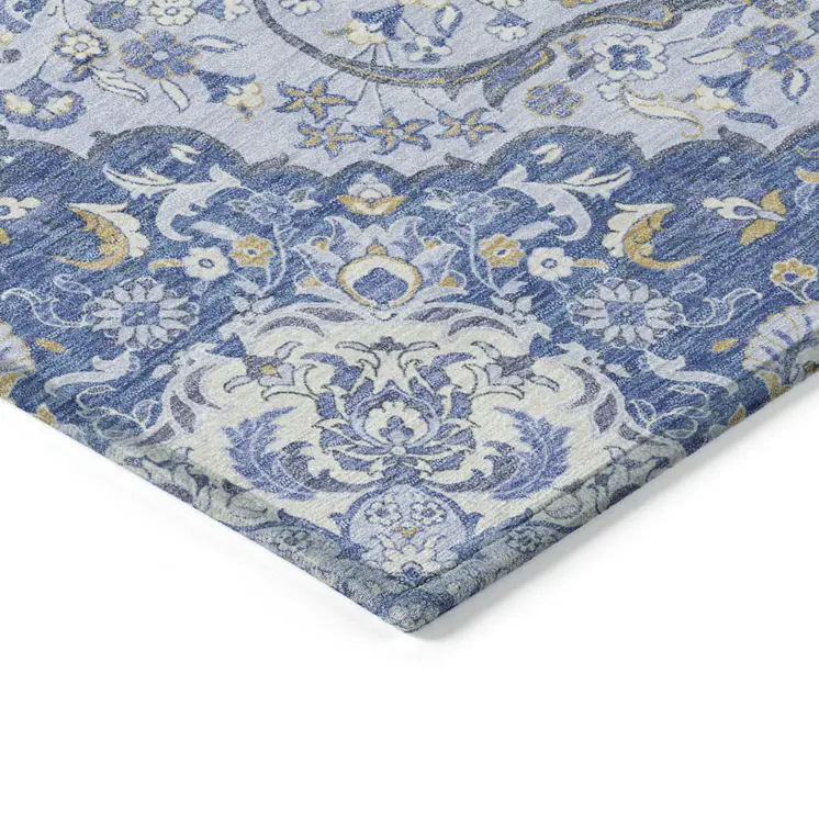 10' X 14' Blue And Ivory Medallion Washable Indoor Outdoor Area Rug
