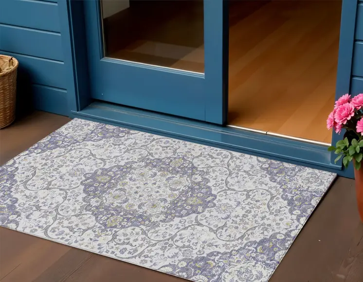 3' X 5' Lavender And Ivory Medallion Washable Indoor Outdoor Area Rug