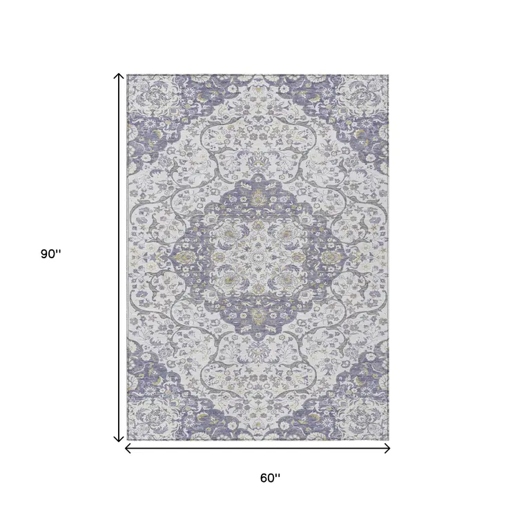 5' X 8' Lavender And Ivory Medallion Washable Indoor Outdoor Area Rug