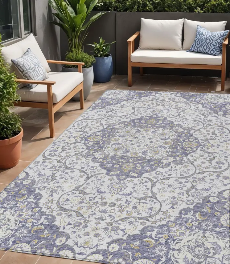 5' X 8' Lavender And Ivory Medallion Washable Indoor Outdoor Area Rug