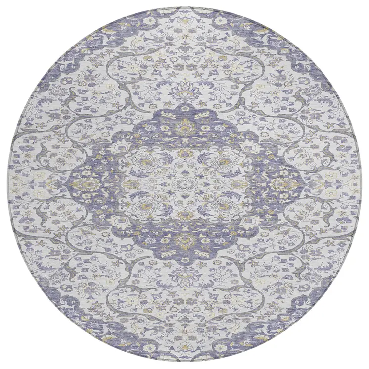 8' Lavender And Ivory Round Medallion Washable Indoor Outdoor Area Rug