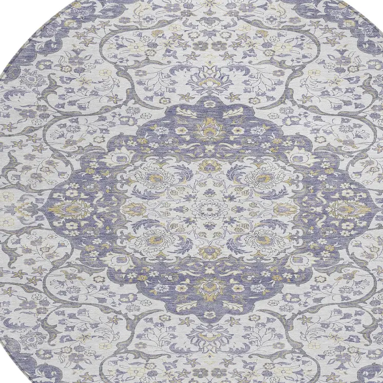 8' Lavender And Ivory Round Medallion Washable Indoor Outdoor Area Rug