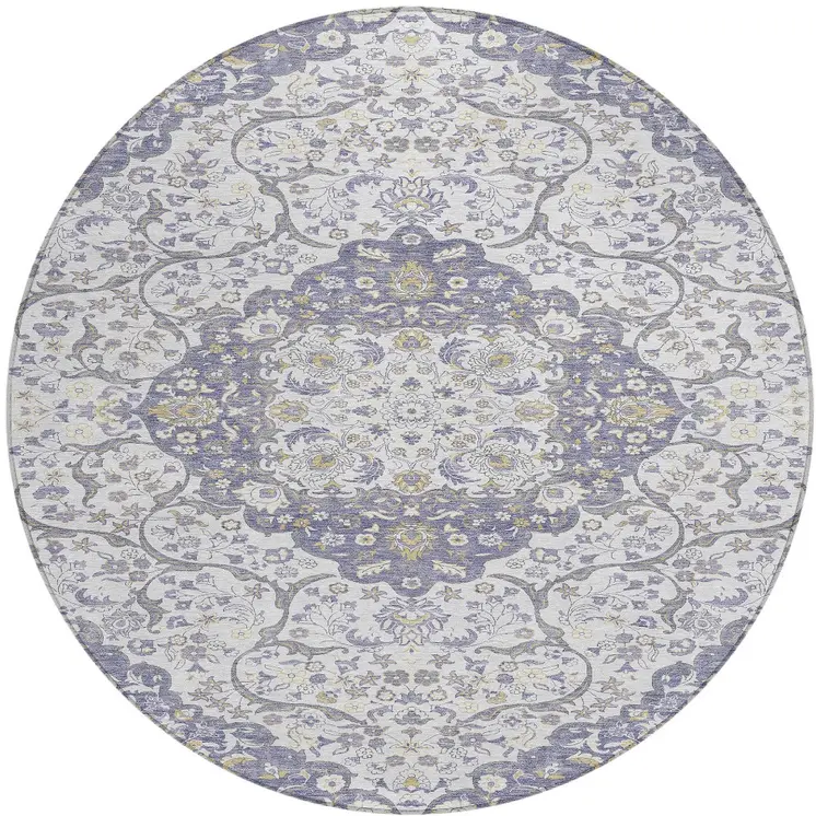 8' Lavender And Ivory Round Medallion Washable Indoor Outdoor Area Rug