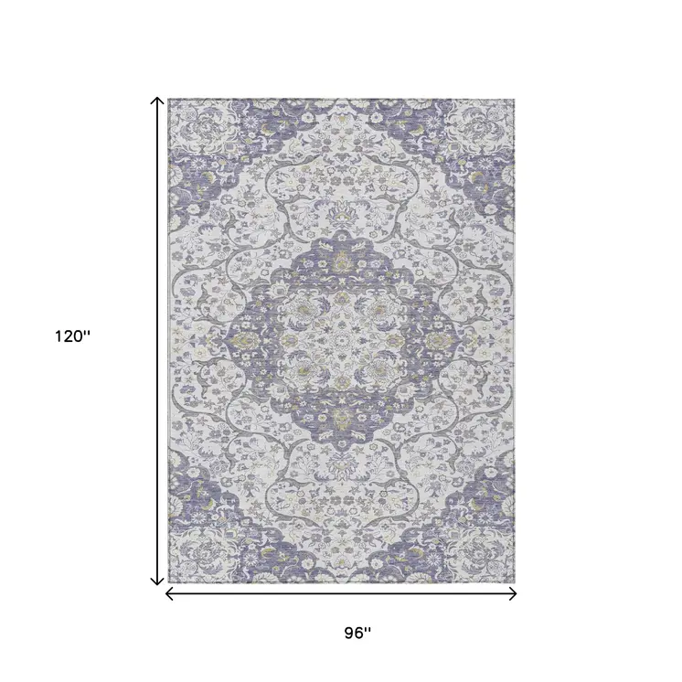 8' X 10' Lavender And Ivory Medallion Washable Indoor Outdoor Area Rug