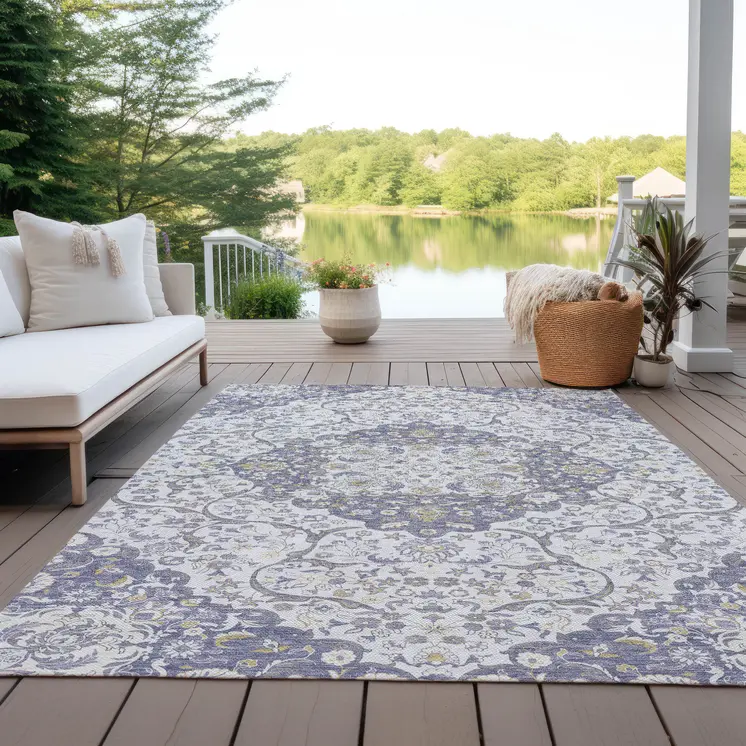 8' X 10' Lavender And Ivory Medallion Washable Indoor Outdoor Area Rug