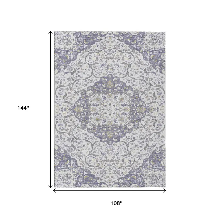 9' X 12' Lavender And Ivory Medallion Washable Indoor Outdoor Area Rug