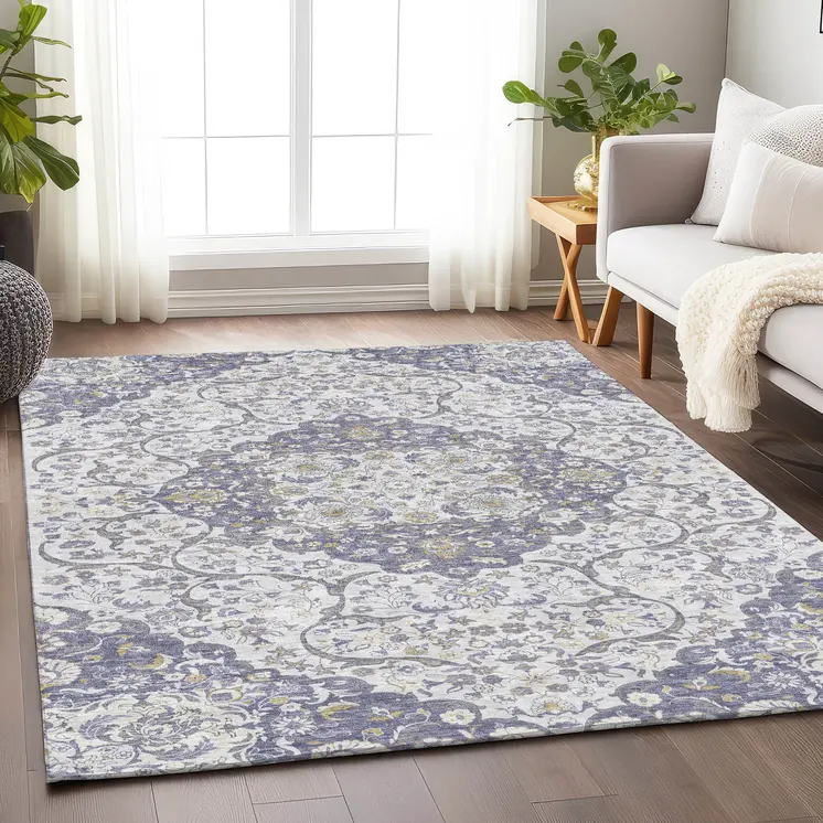 10' X 14' Lavender And Ivory Medallion Washable Indoor Outdoor Area Rug