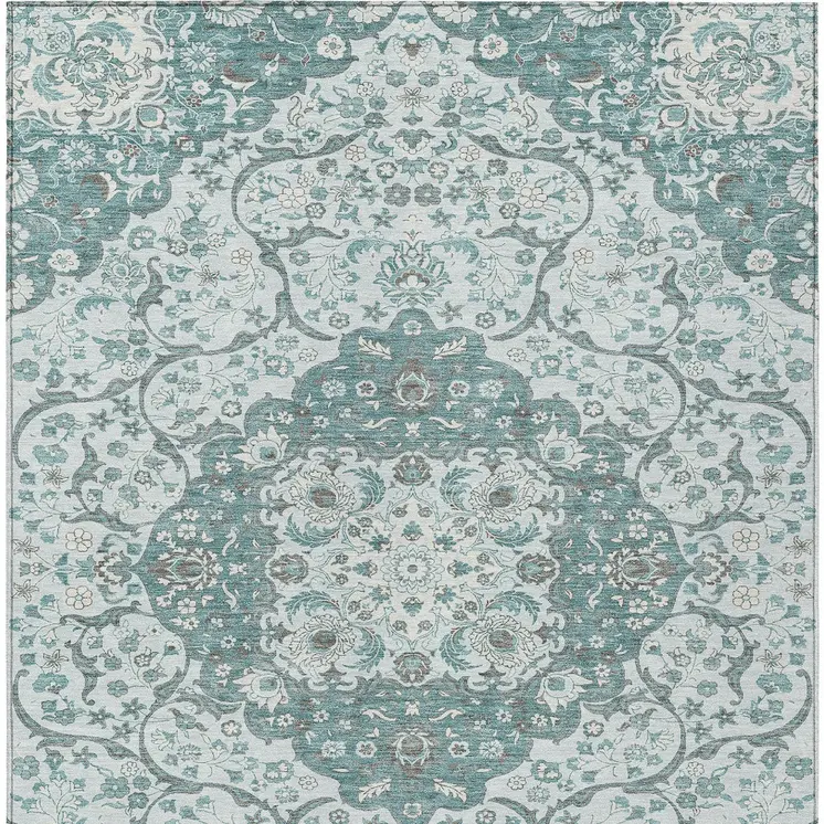 3' X 5' Teal Blue And Ivory Medallion Washable Indoor Outdoor Area Rug