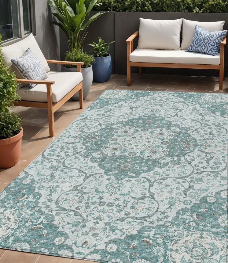 5' X 8' Teal Blue And Ivory Medallion Washable Indoor Outdoor Area Rug
