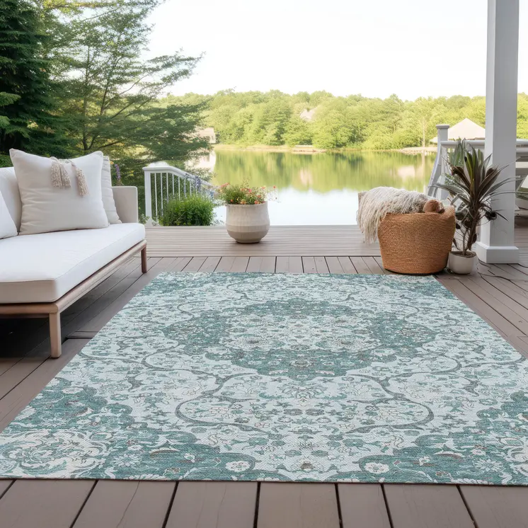 5' X 8' Teal Blue And Ivory Medallion Washable Indoor Outdoor Area Rug