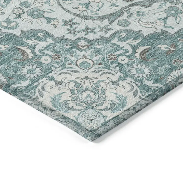 5' X 8' Teal Blue And Ivory Medallion Washable Indoor Outdoor Area Rug