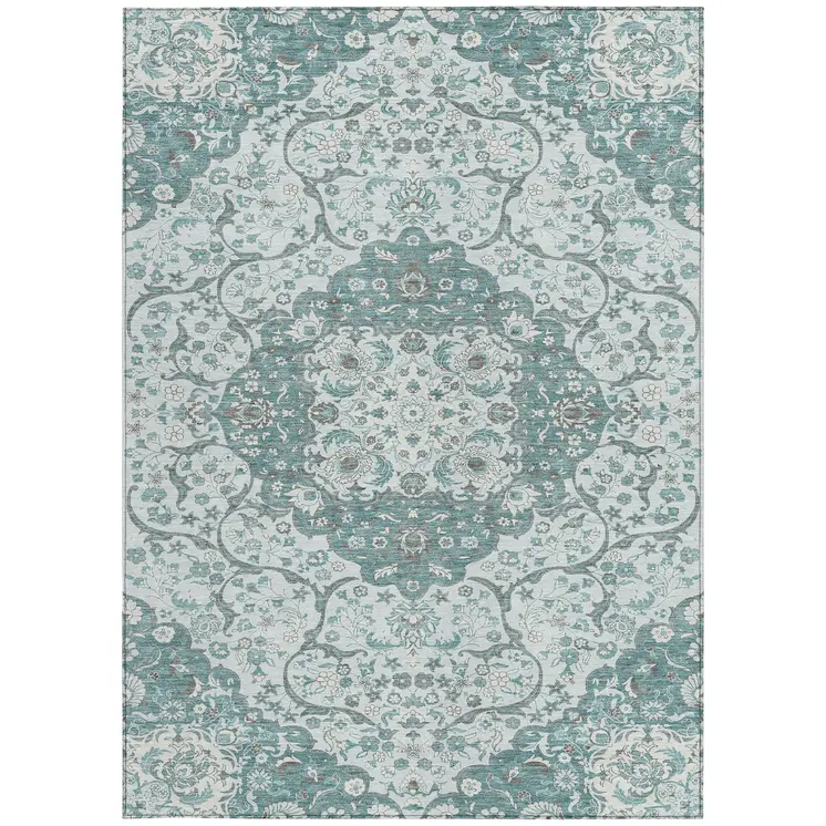 5' X 8' Teal Blue And Ivory Medallion Washable Indoor Outdoor Area Rug