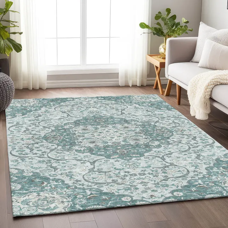 5' X 8' Teal Blue And Ivory Medallion Washable Indoor Outdoor Area Rug