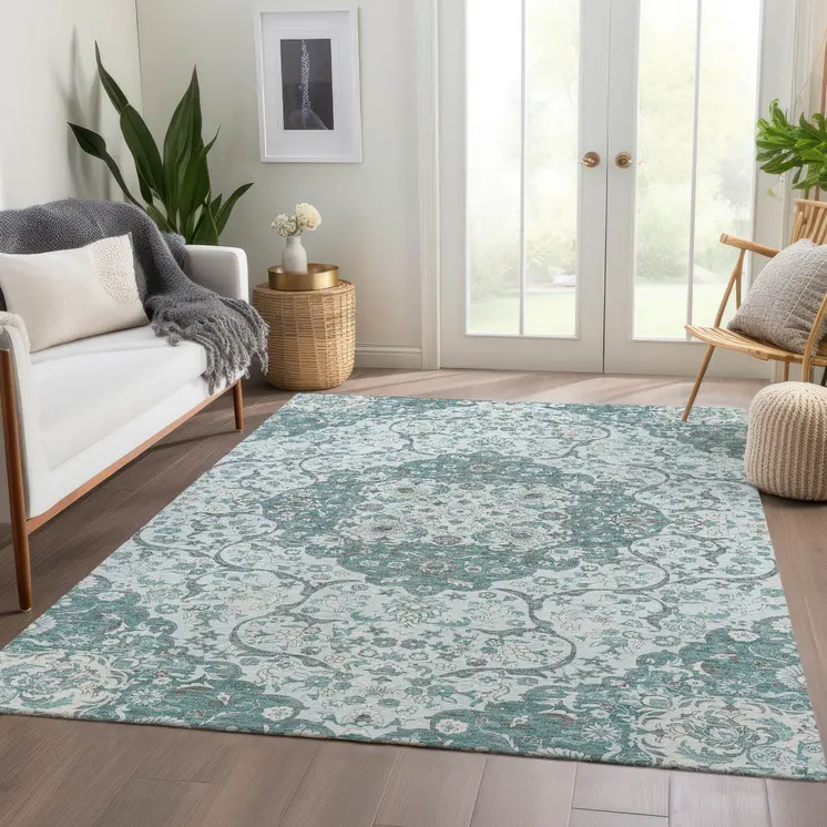 5' X 8' Teal Blue And Ivory Medallion Washable Indoor Outdoor Area Rug