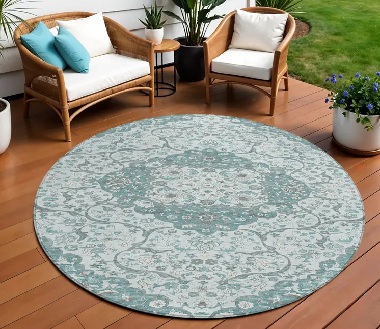 8' Teal Blue And Ivory Round Medallion Washable Indoor Outdoor Area Rug