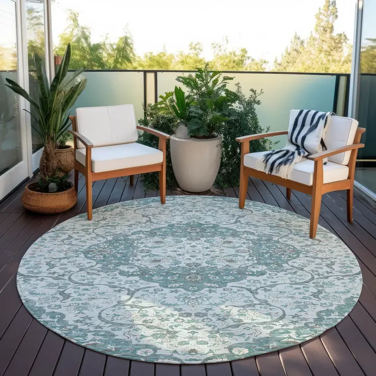 8' Teal Blue And Ivory Round Medallion Washable Indoor Outdoor Area Rug