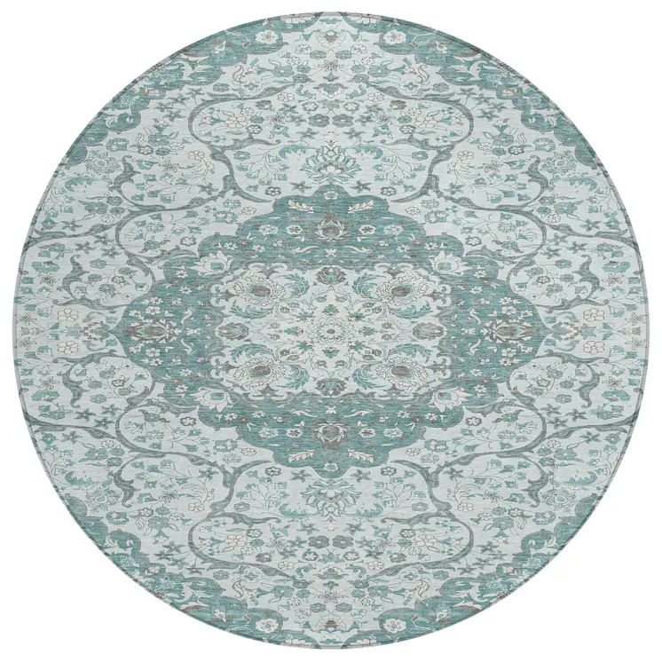 8' Teal Blue And Ivory Round Medallion Washable Indoor Outdoor Area Rug