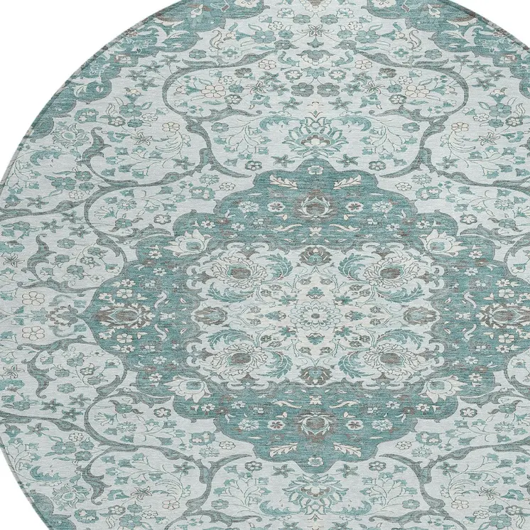8' Teal Blue And Ivory Round Medallion Washable Indoor Outdoor Area Rug