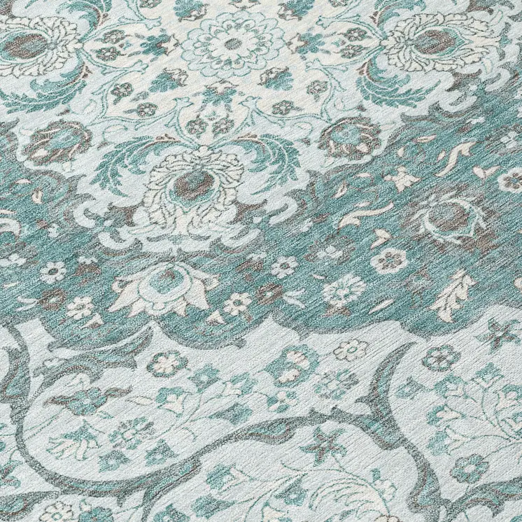 8' Teal Blue And Ivory Round Medallion Washable Indoor Outdoor Area Rug