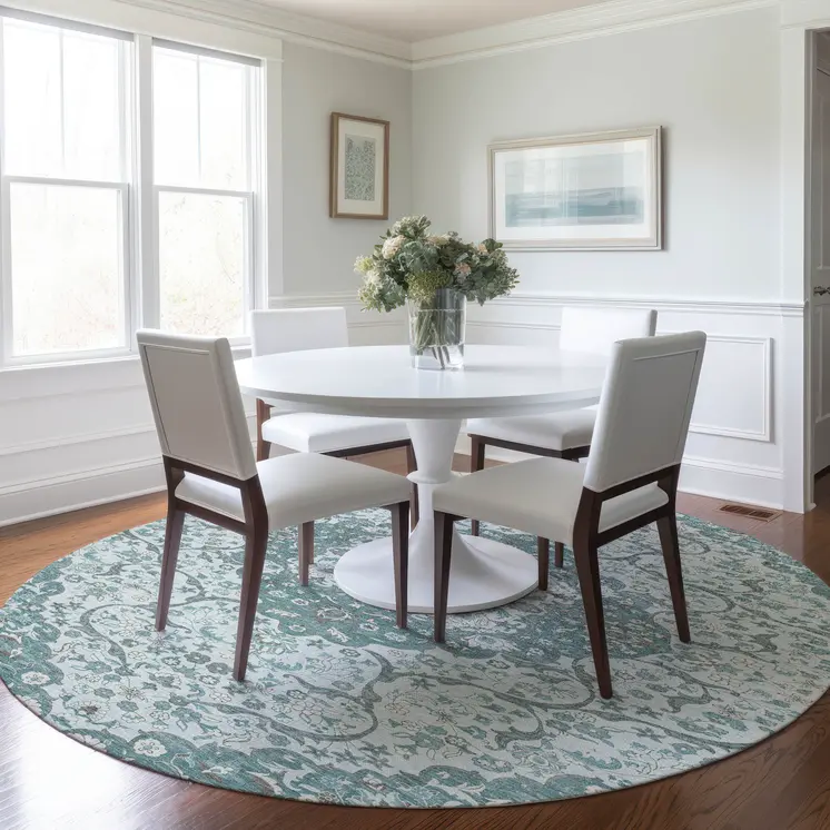 8' Teal Blue And Ivory Round Medallion Washable Indoor Outdoor Area Rug