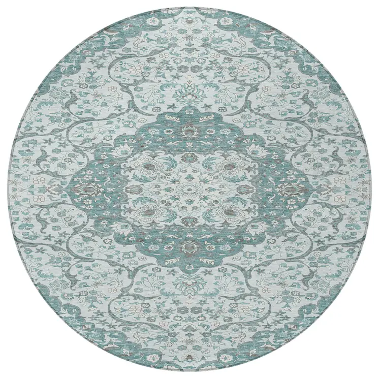 8' Teal Blue And Ivory Round Medallion Washable Indoor Outdoor Area Rug