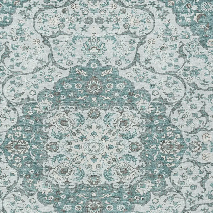 8' X 10' Teal Blue And Ivory Medallion Washable Indoor Outdoor Area Rug