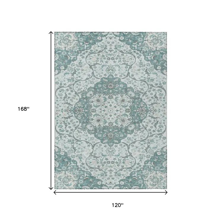 10' X 14' Teal Blue And Ivory Medallion Washable Indoor Outdoor Area Rug