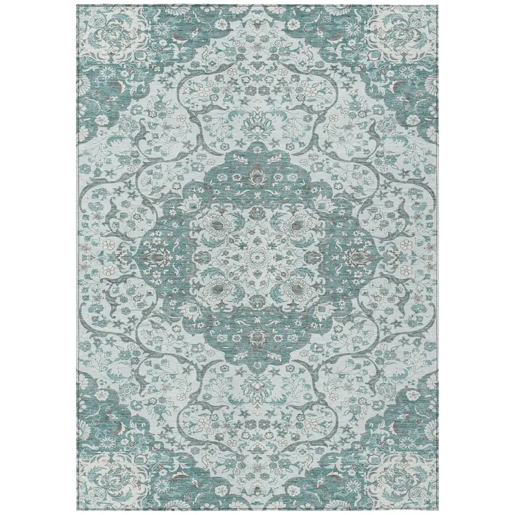 10' X 14' Teal Blue And Ivory Medallion Washable Indoor Outdoor Area Rug