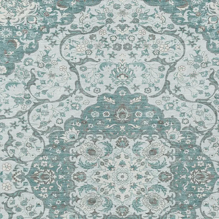 10' X 14' Teal Blue And Ivory Medallion Washable Indoor Outdoor Area Rug