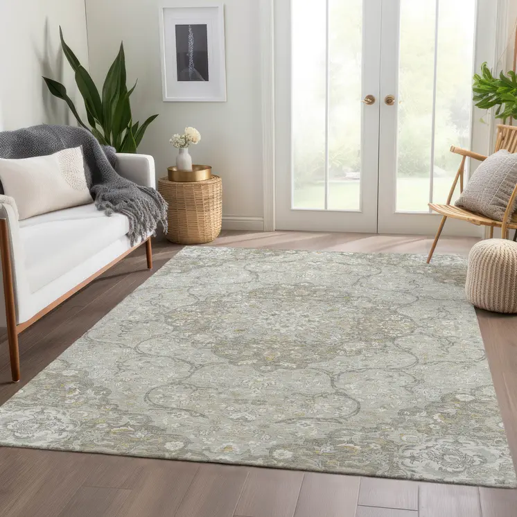 3' X 5' Taupe And Ivory Medallion Washable Indoor Outdoor Area Rug
